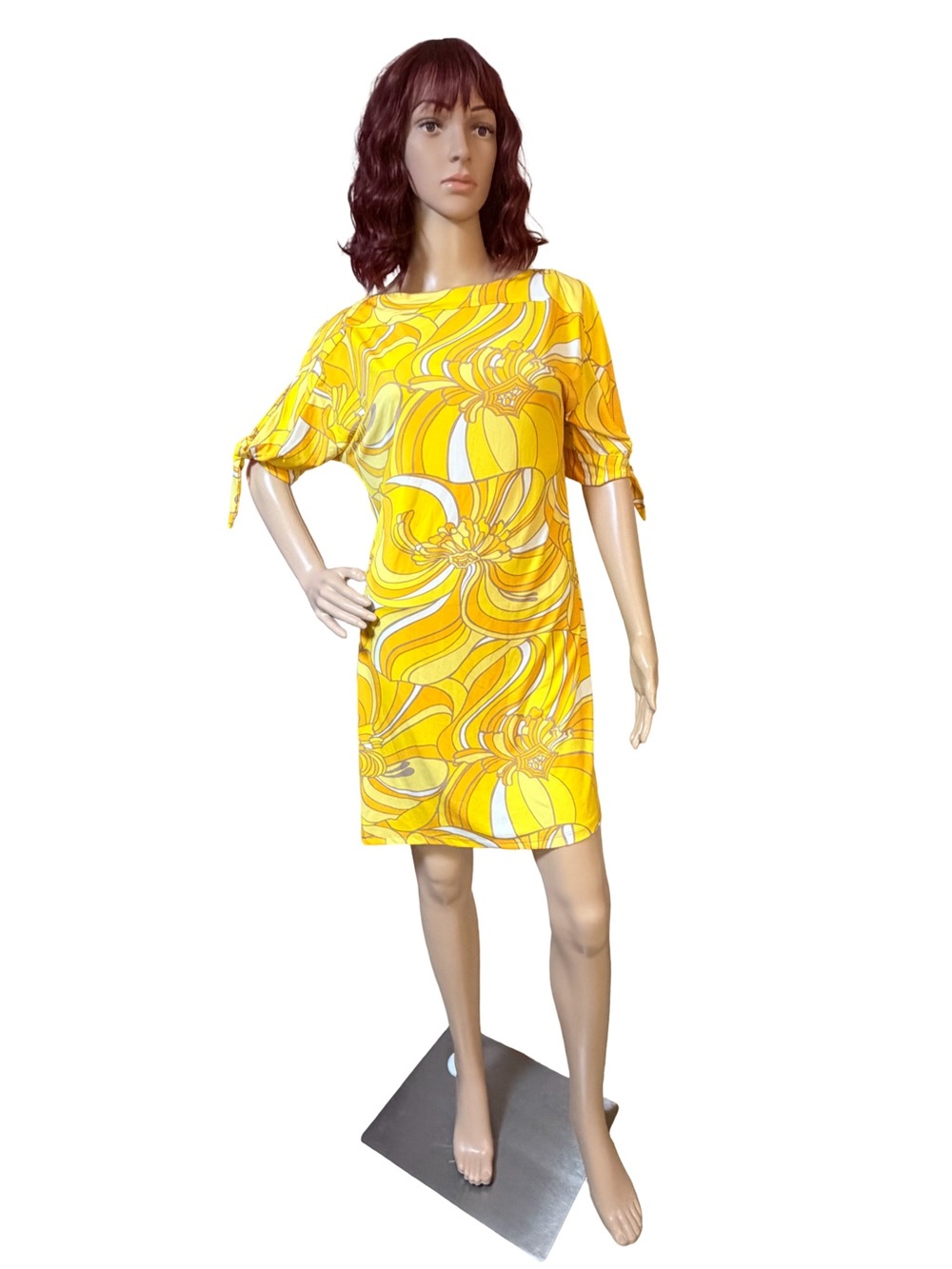 Trina Turk EUC Sz M Pretty Yellow Floral Pattern Short Sleeve Shift Dress (0822)